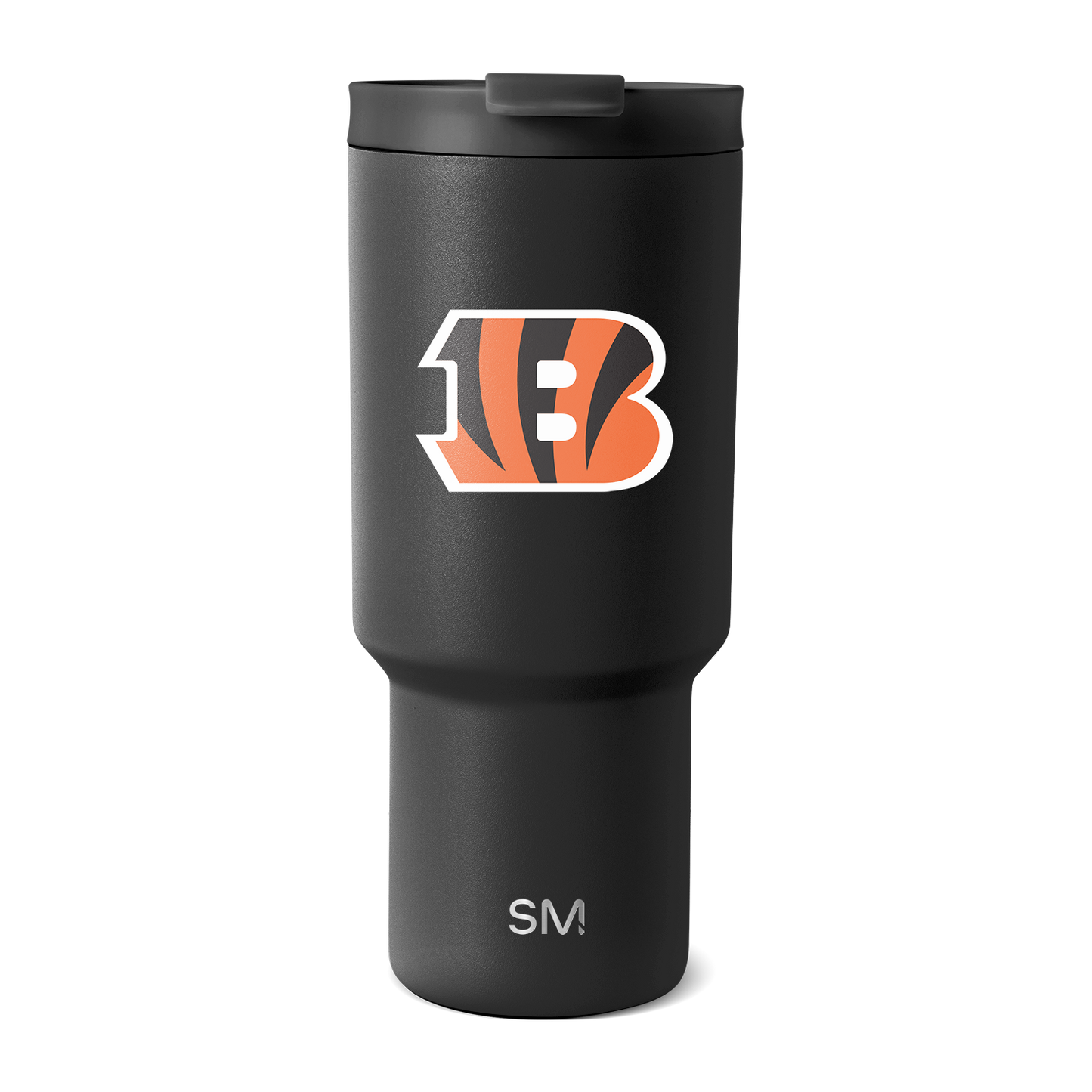 Matte black insulated tumbler with tapered cylindrical body, black lid, and rectangular handle on white background