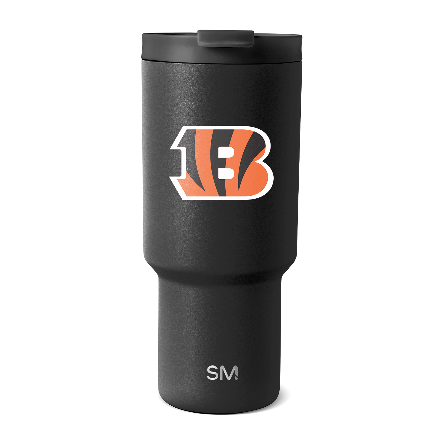 Matte black insulated tumbler with tapered cylindrical body, black lid, and rectangular handle on white background