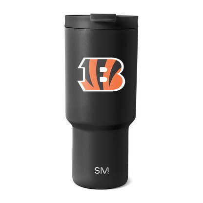 Matte black insulated tumbler with tapered cylindrical body, black lid, and rectangular handle on white background