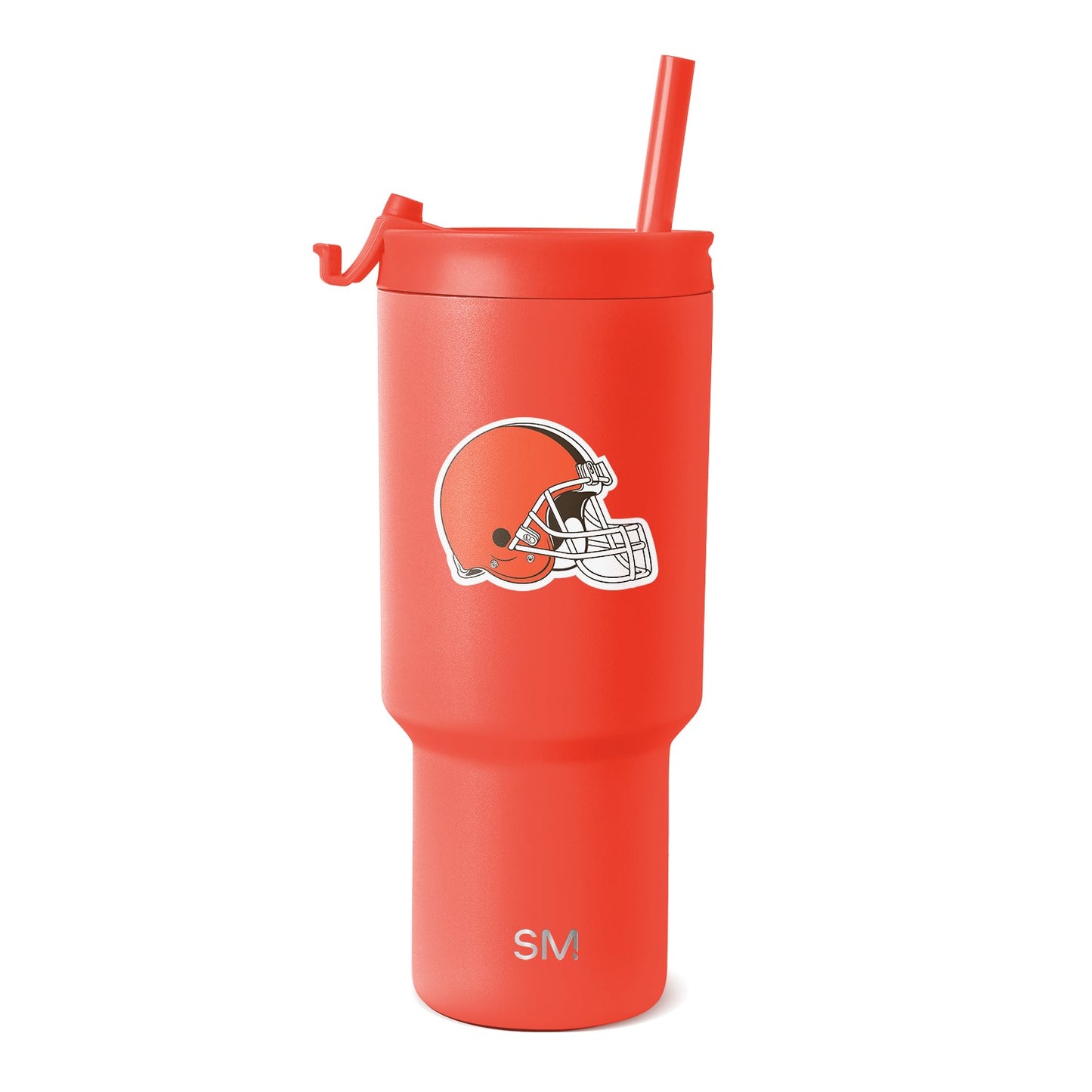 Coral red tumbler with matching straw on white background