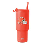 Coral red tumbler with matching straw on white background