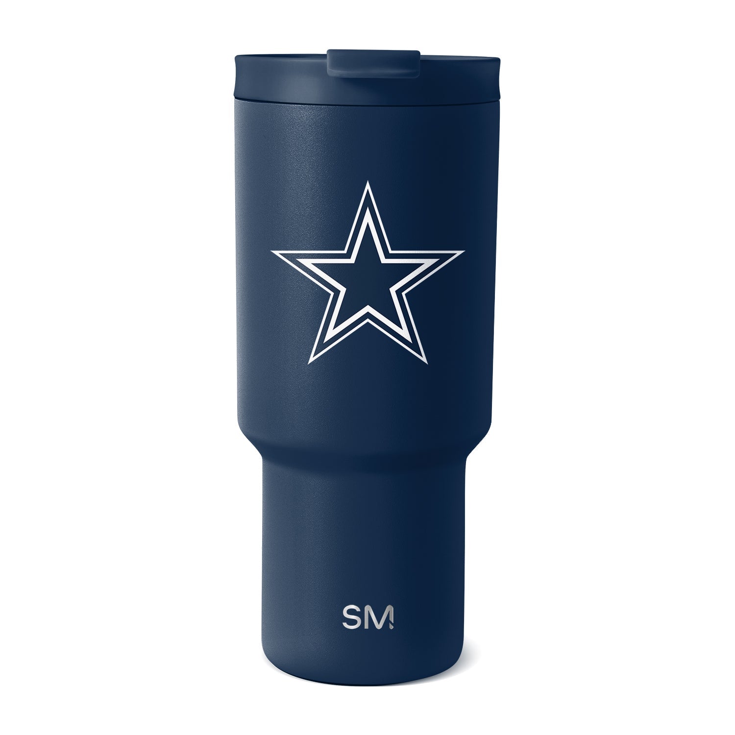 Deep navy blue matte tumbler with subtle texture and light reflections, featuring white accents