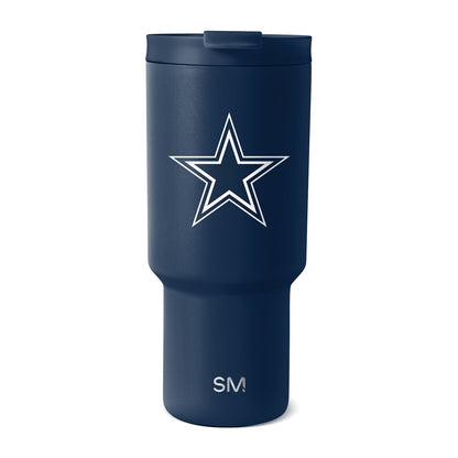 Deep navy blue matte tumbler with subtle texture and light reflections, featuring white accents