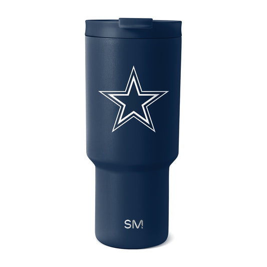 Deep navy blue matte tumbler with subtle texture and light reflections, featuring white accents