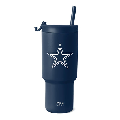 Navy blue insulated tumbler with white text and outlines, matching navy lid and straw, matte finish