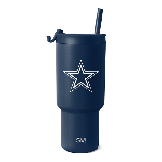 Navy blue insulated tumbler with white text and outlines, matching navy lid and straw, matte finish