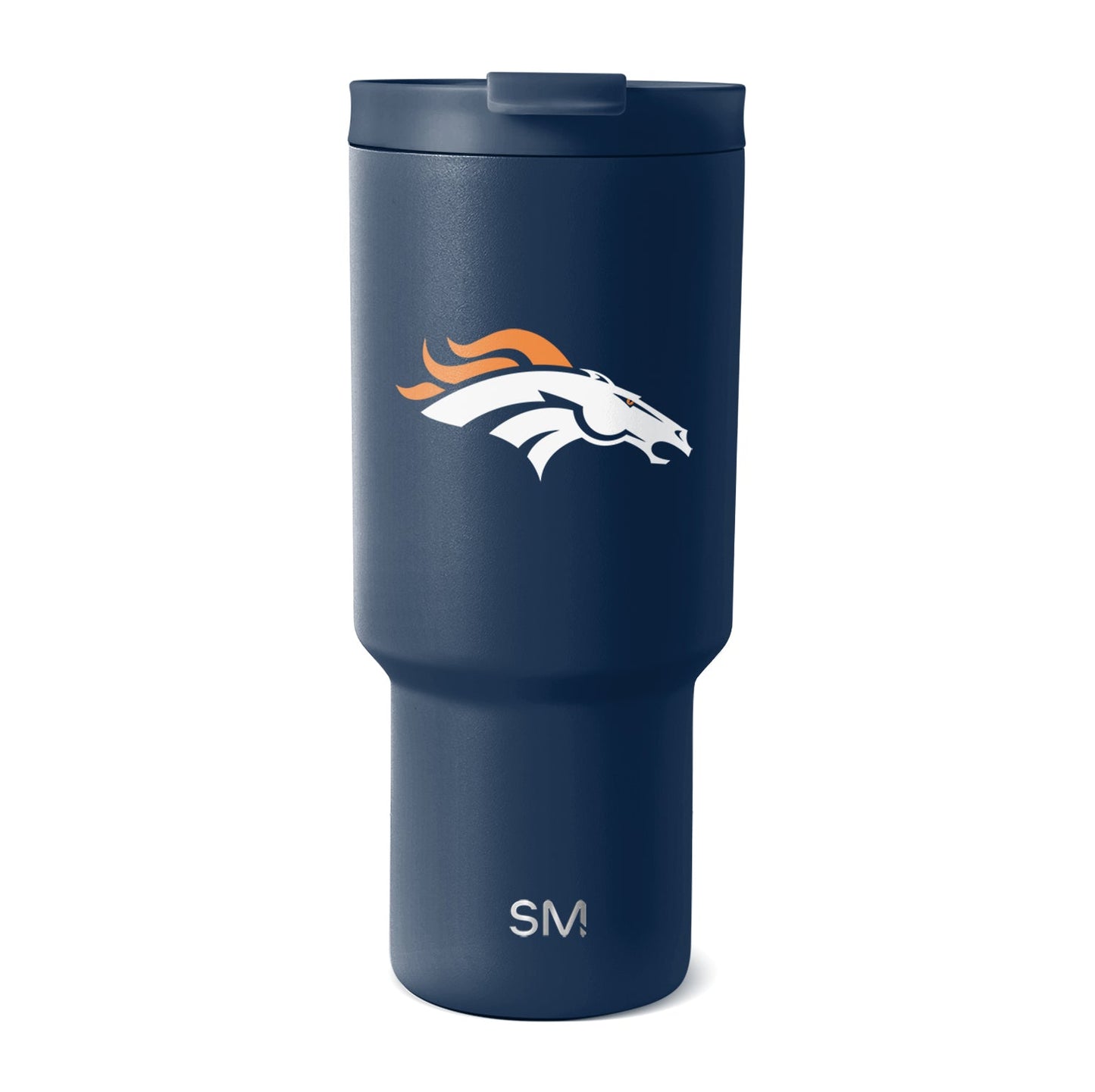 Deep navy blue tumbler with white and orange logo accents on the body