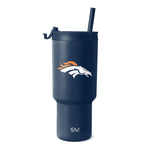 Navy blue matte tumbler with orange and white logo design accents
