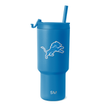 Medium blue tumbler with white logo and text accents, detailed product view