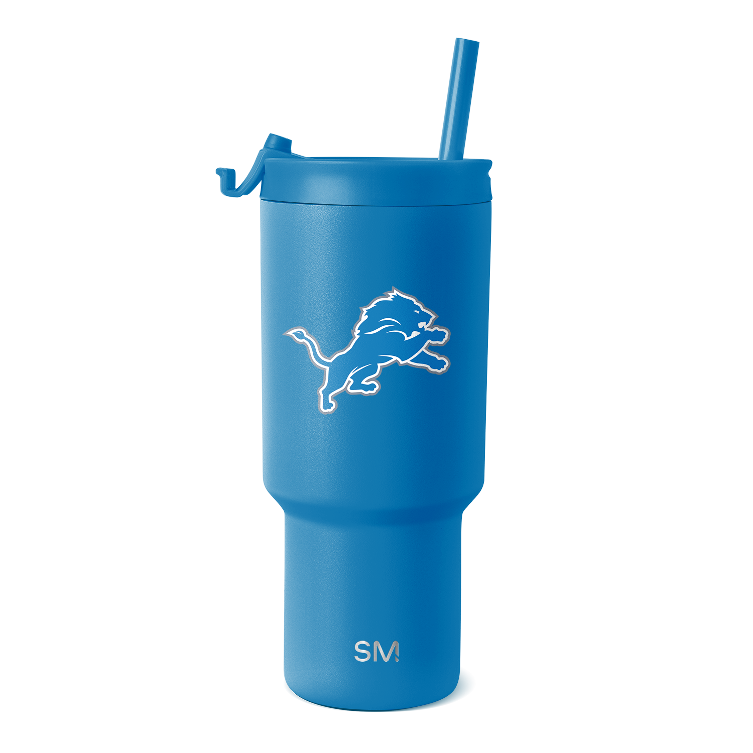 Medium blue tumbler with white logo and text accents, detailed product view