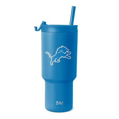 Medium blue tumbler with white logo and text accents, detailed product view