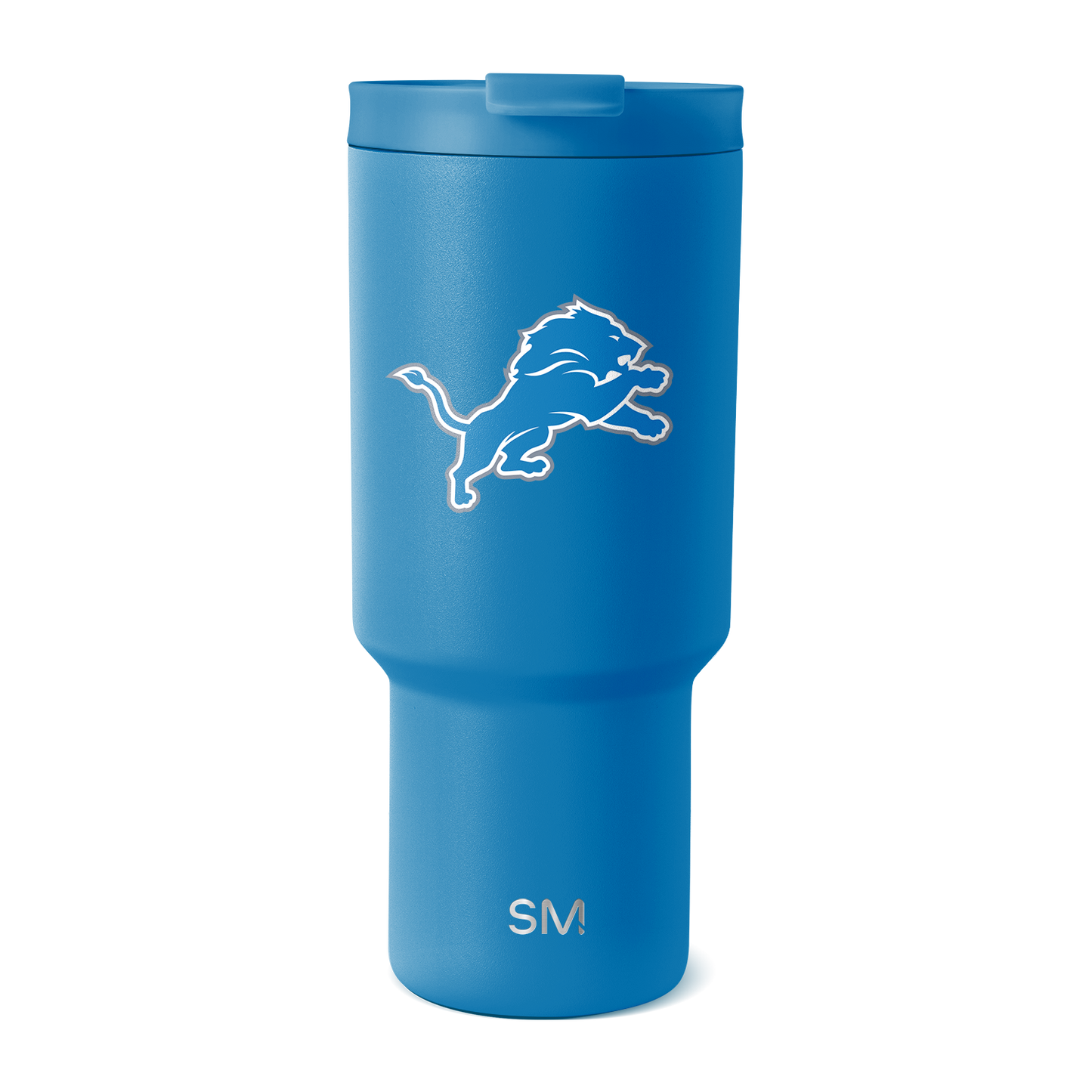 Bright cobalt blue tumbler with white logo and branding elements on clean white background