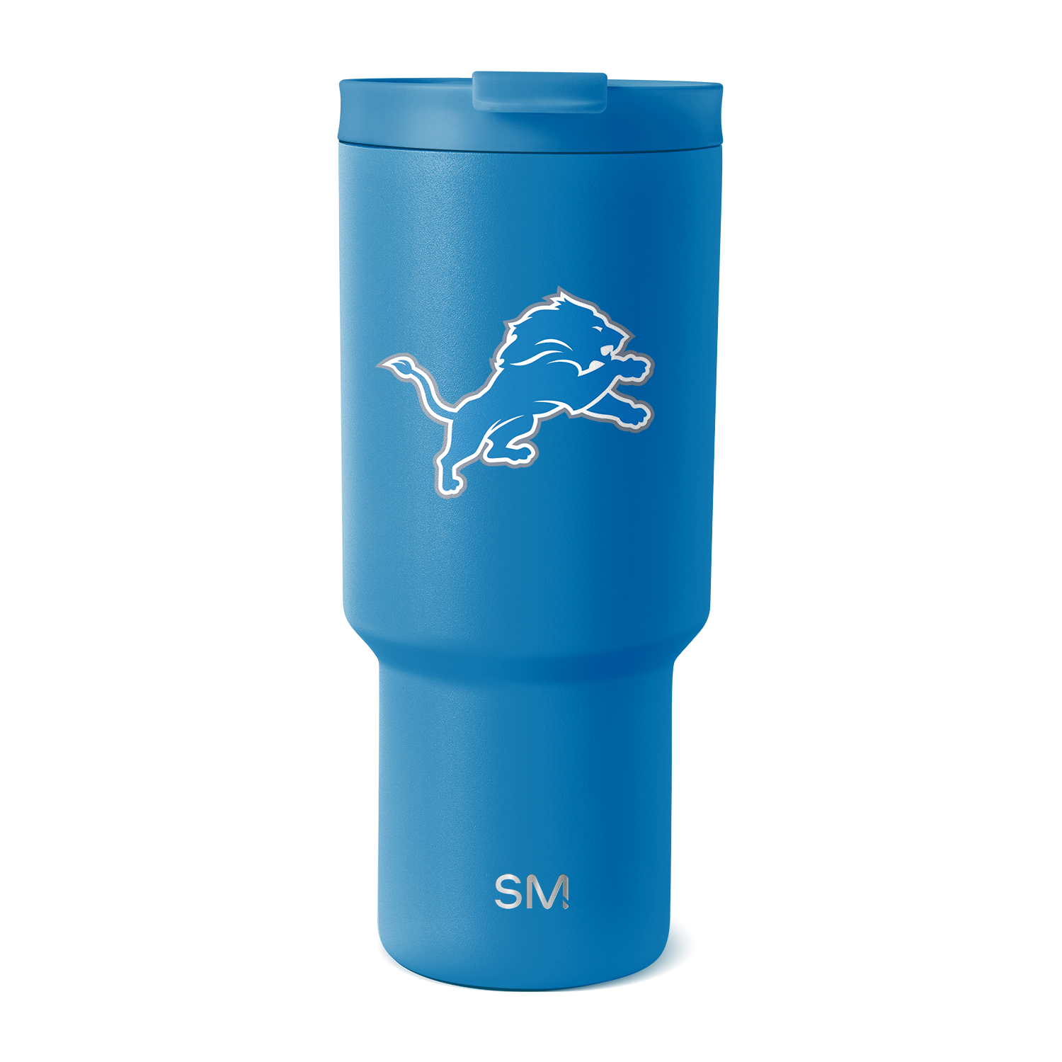 Bright cobalt blue tumbler with white logo and branding elements on clean white background