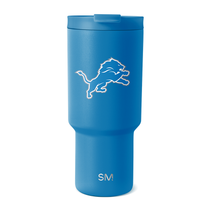 Bright cobalt blue tumbler with white logo and branding elements on clean white background
