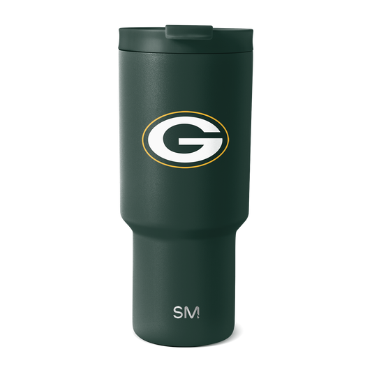 Green Bay Packers forest green tumbler with white, gold, and dark accents