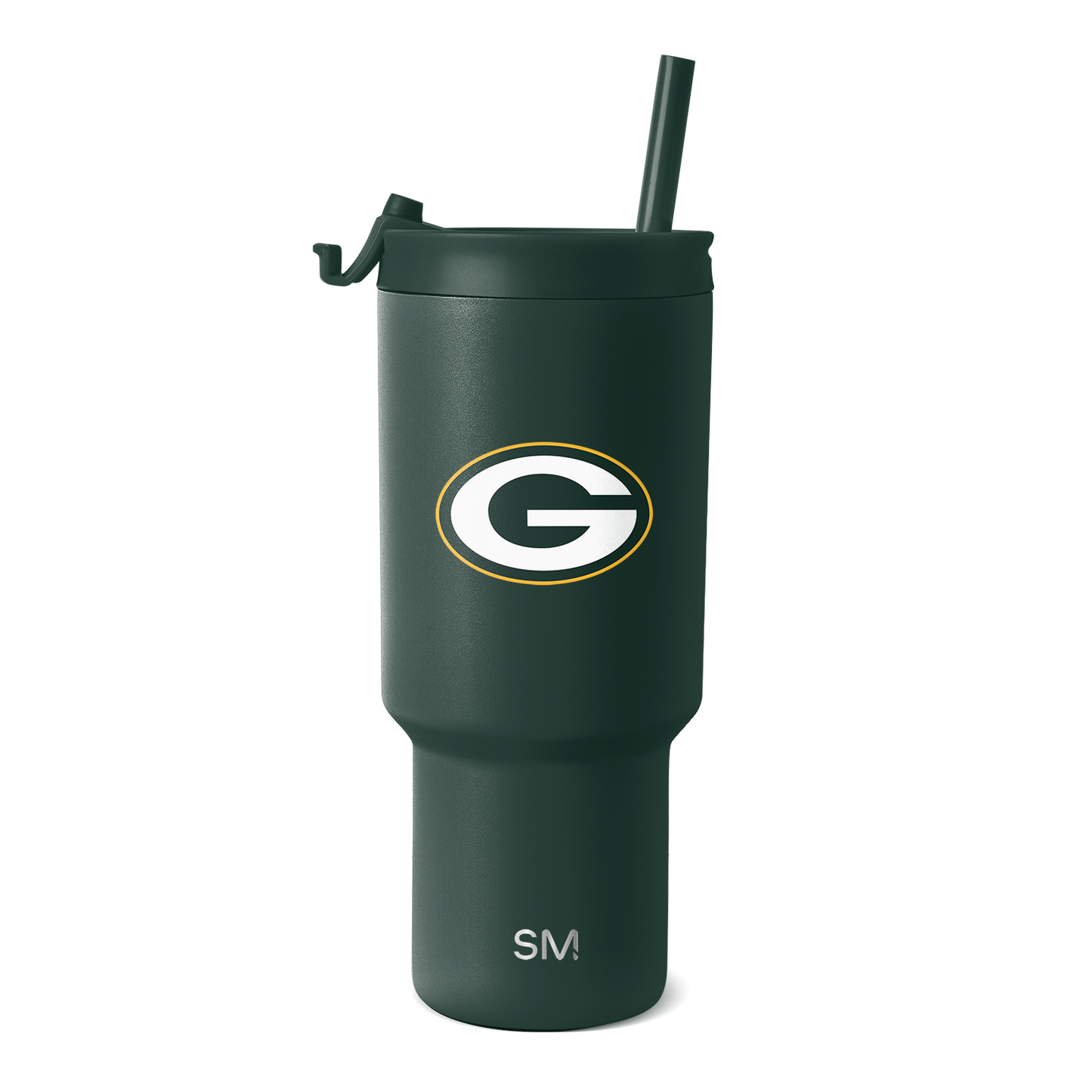 Forest green matte finish tumbler with matching lid, cylindrical design with white accents