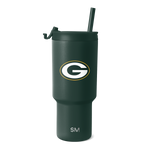 Forest green matte finish tumbler with matching lid, cylindrical design with white accents
