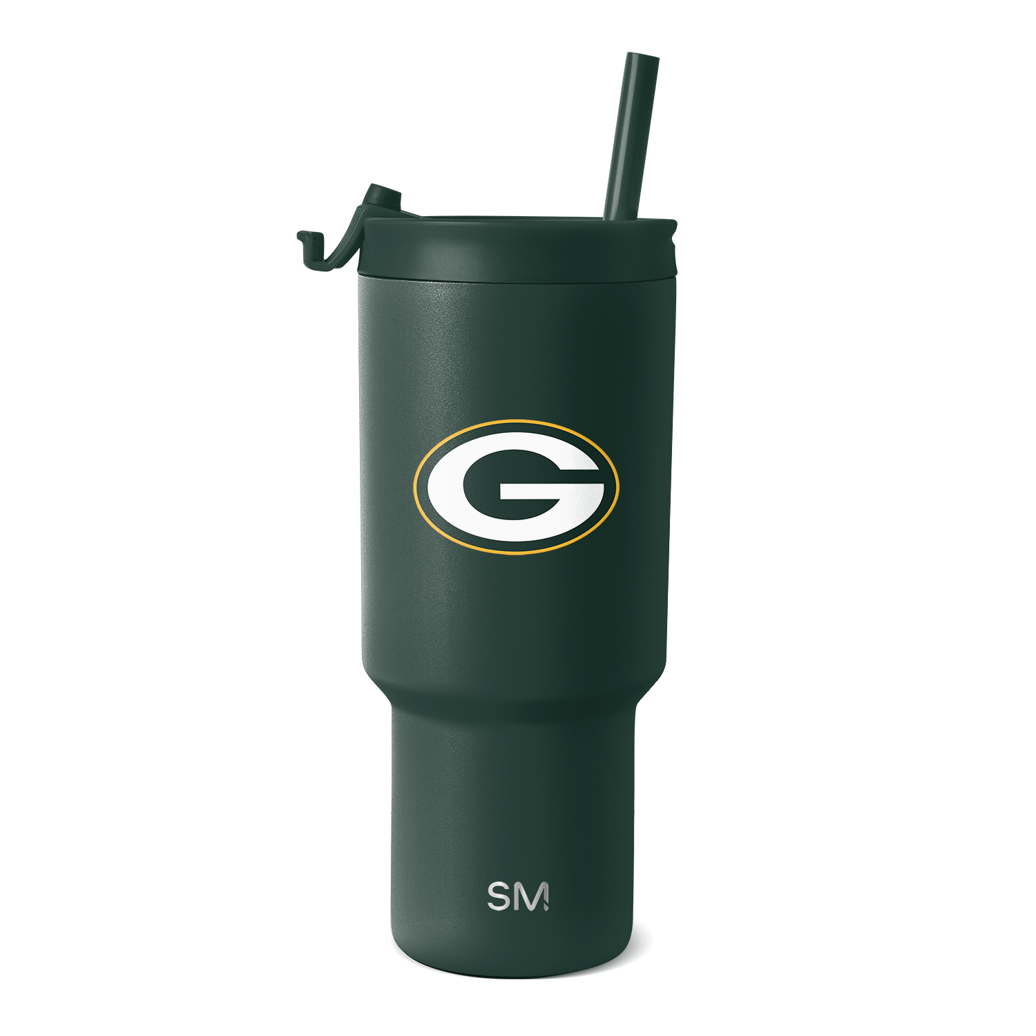 Forest green matte finish tumbler with matching lid, cylindrical design with white accents