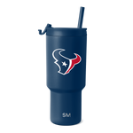 Deep navy blue tumbler with white logo and text branding, red design accents