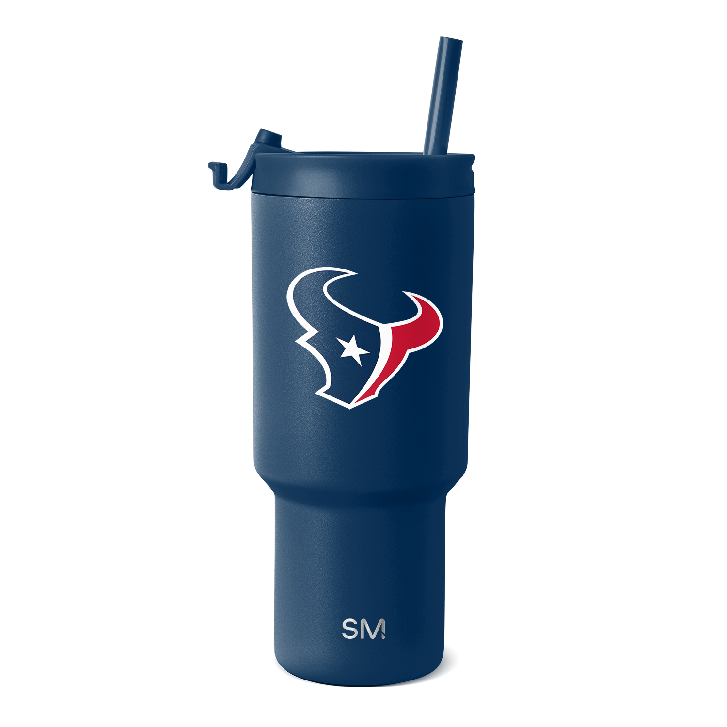 Deep navy blue tumbler with white logo and text branding, red design accents