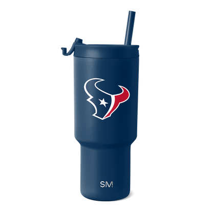 Deep navy blue tumbler with white logo and text branding, red design accents
