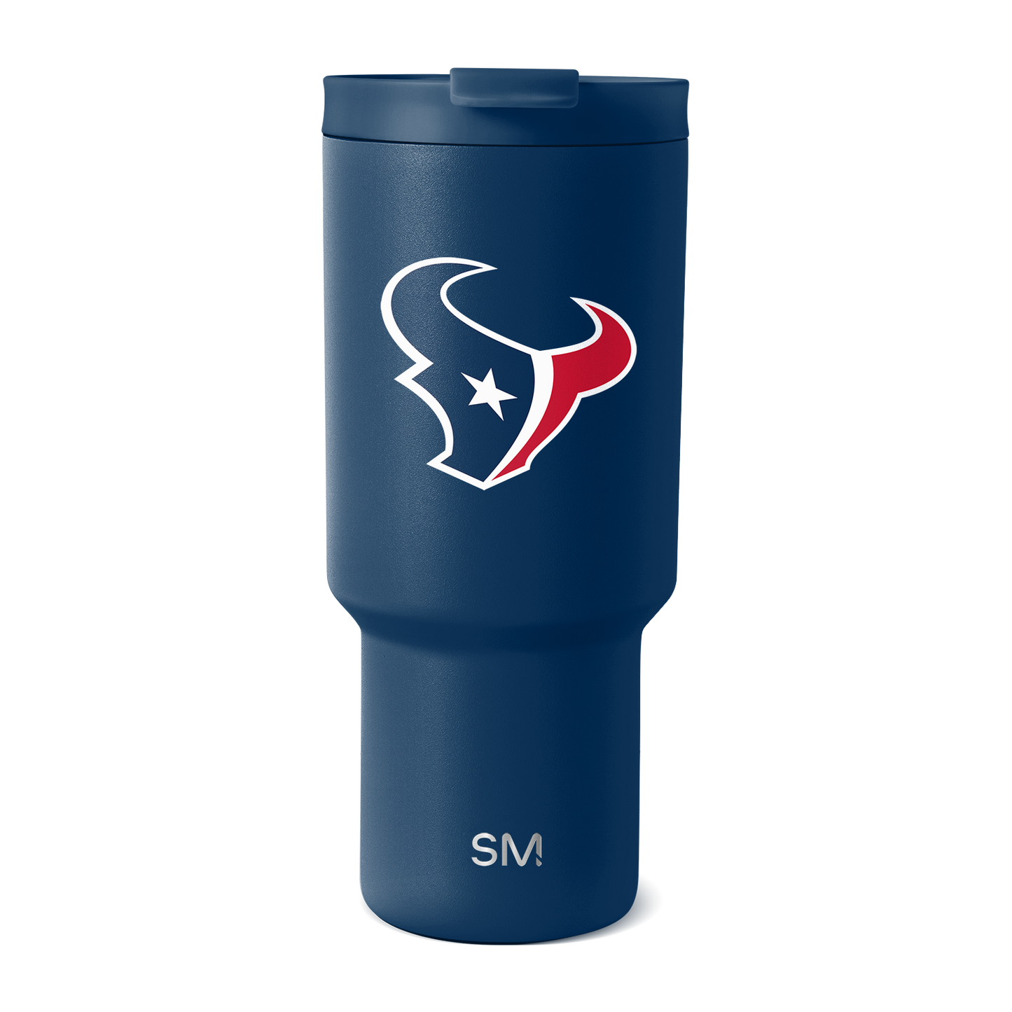 Navy blue tumbler with white logo and red team accent details