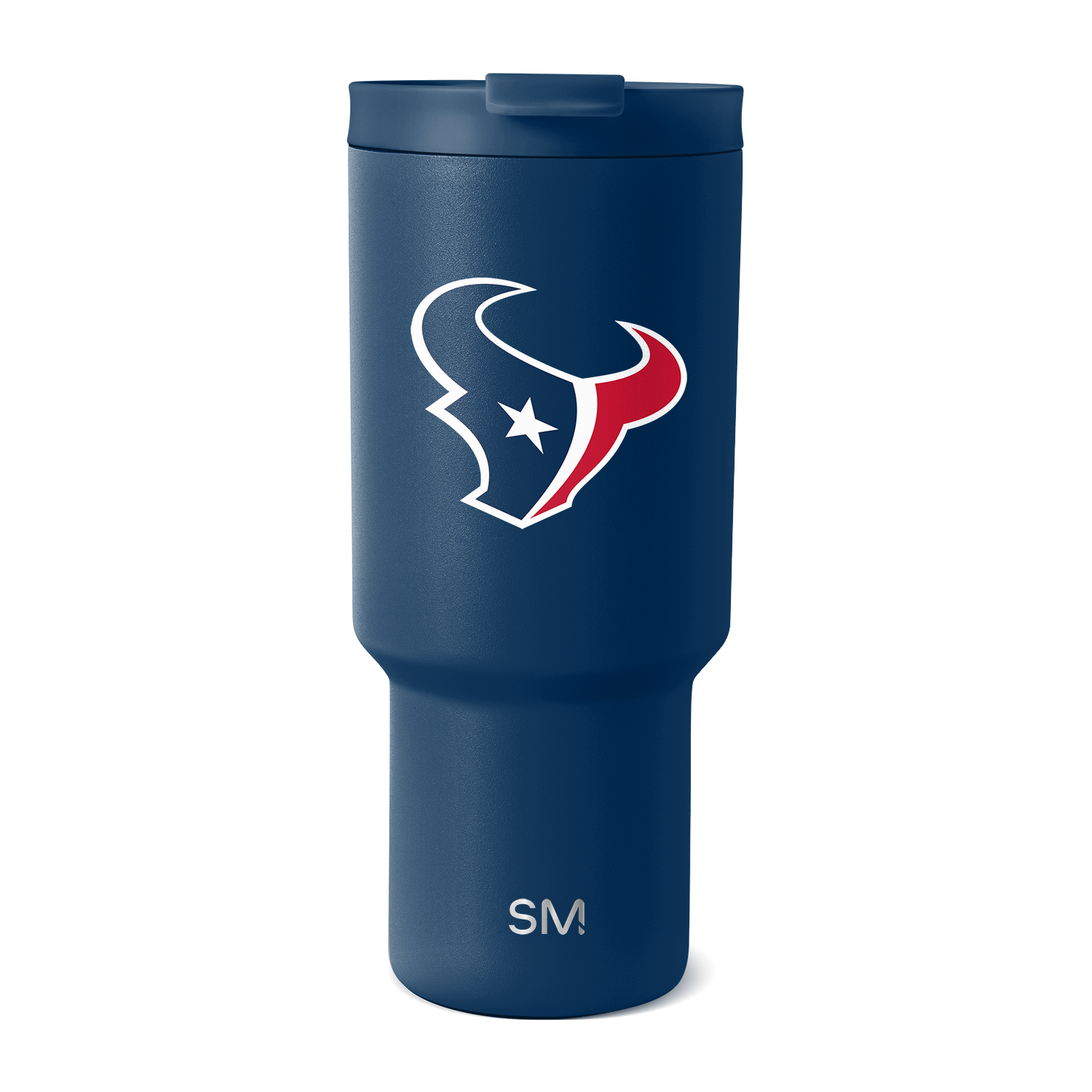 Navy blue tumbler with white logo and red team accent details