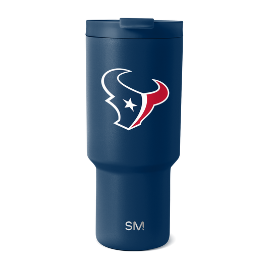 Navy blue tumbler with white logo and red team accent details