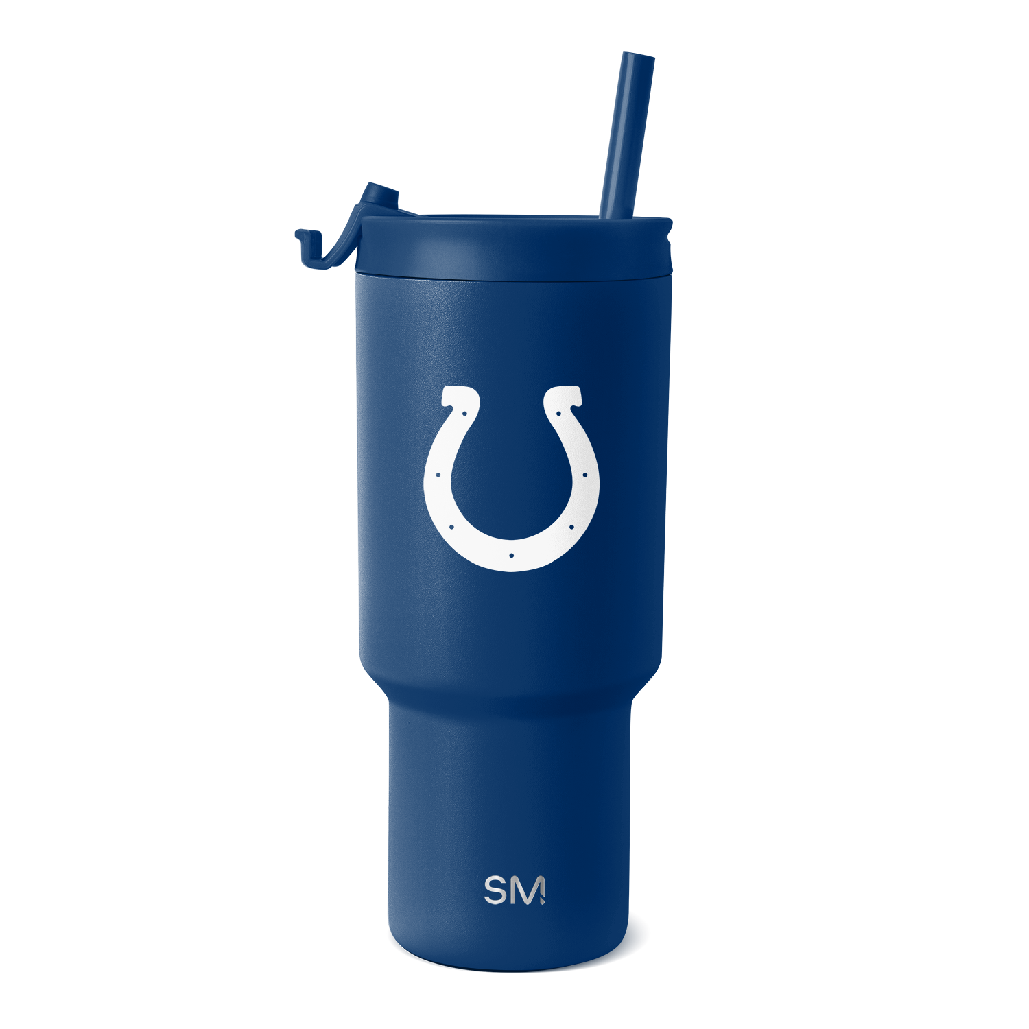 Navy blue insulated tumbler with matching lid and straw, white accents, front view on white background