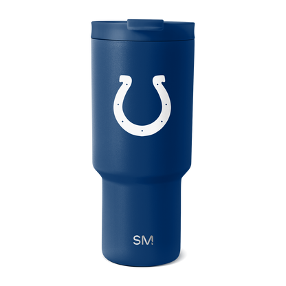 Navy blue matte finish tumbler with white graphic design