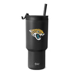 Matte black insulated tumbler with cylindrical design, wider upper chamber and tapered lower section, centered on white background