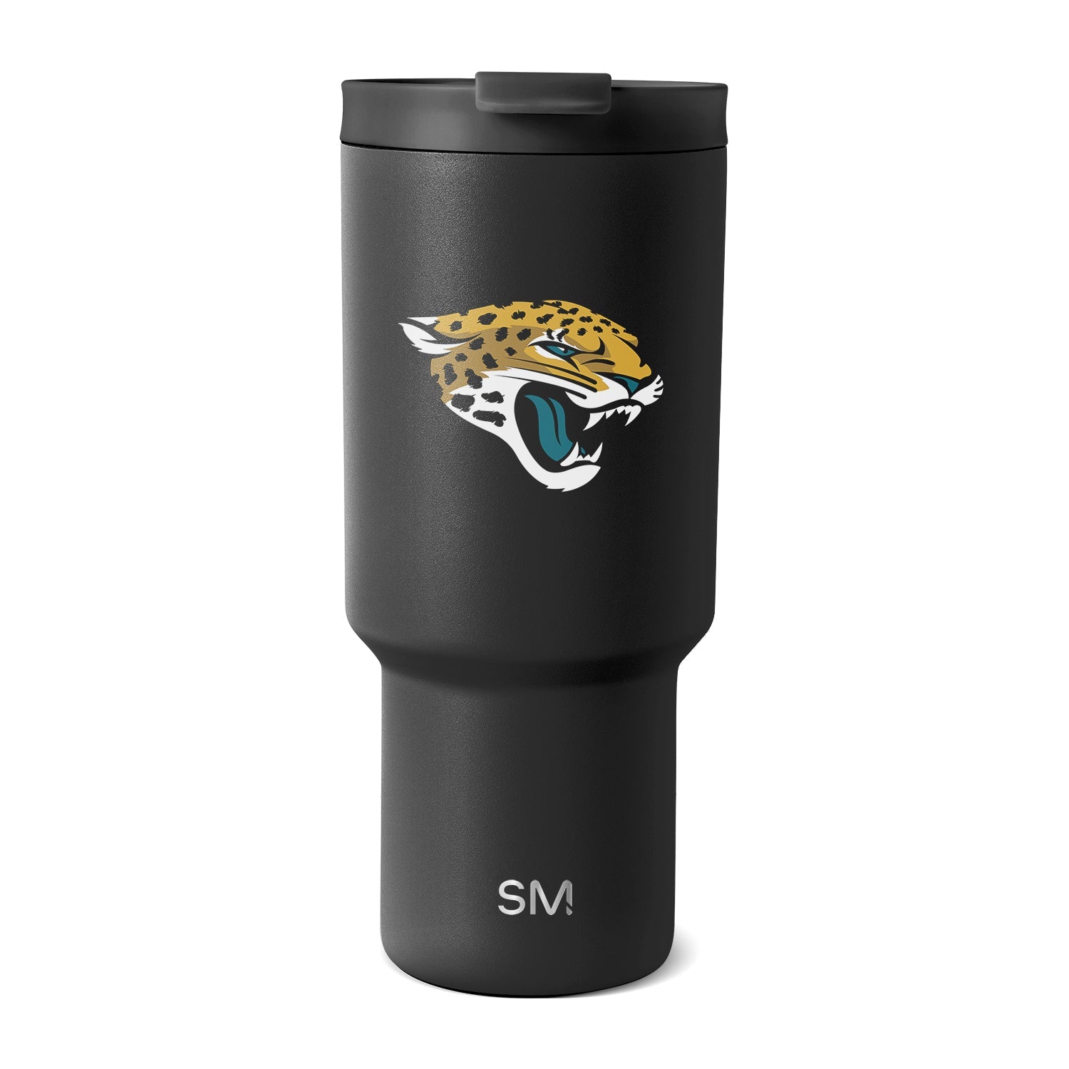 Black stainless steel tumbler with cylindrical upper body and tapered lower section, displayed against white background.