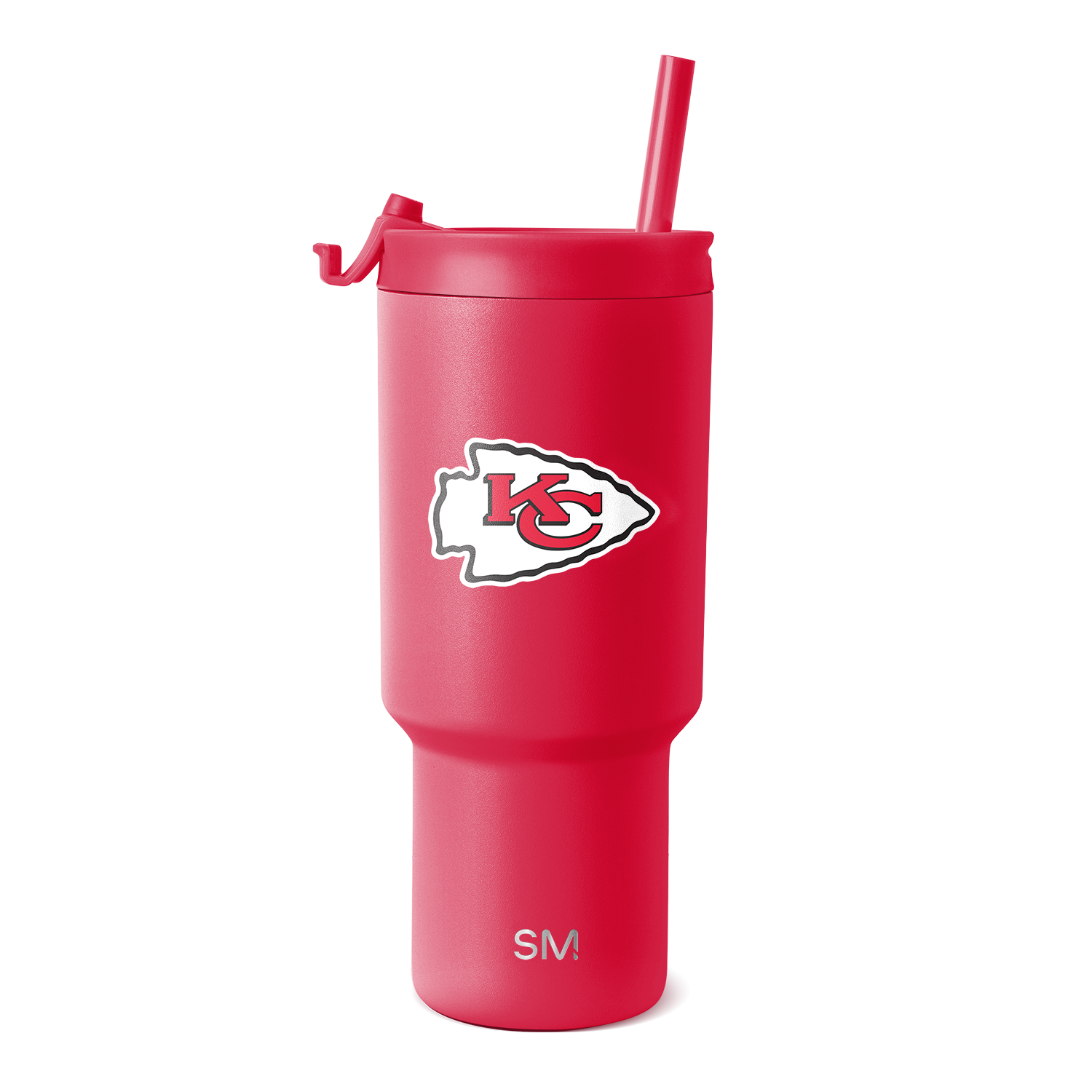 Hot pink tumbler with matching lid, straw, and handle accents, featuring white arrowhead logo and SM branding.