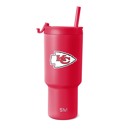 Hot pink tumbler with matching lid, straw, and handle accents, featuring white arrowhead logo and SM branding.