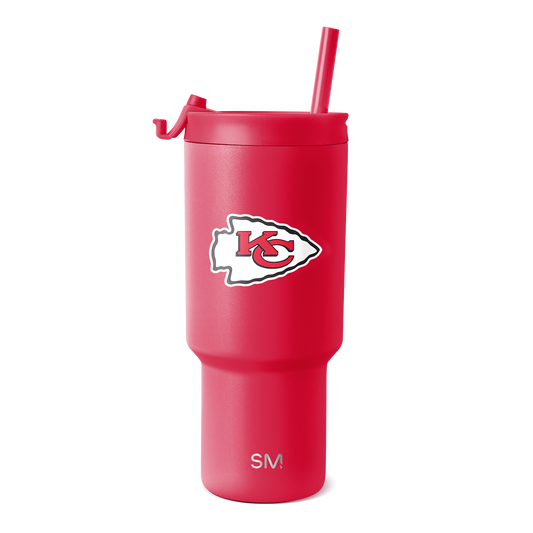 Hot pink tumbler with matching lid, straw, and handle accents, featuring white arrowhead logo and SM branding.