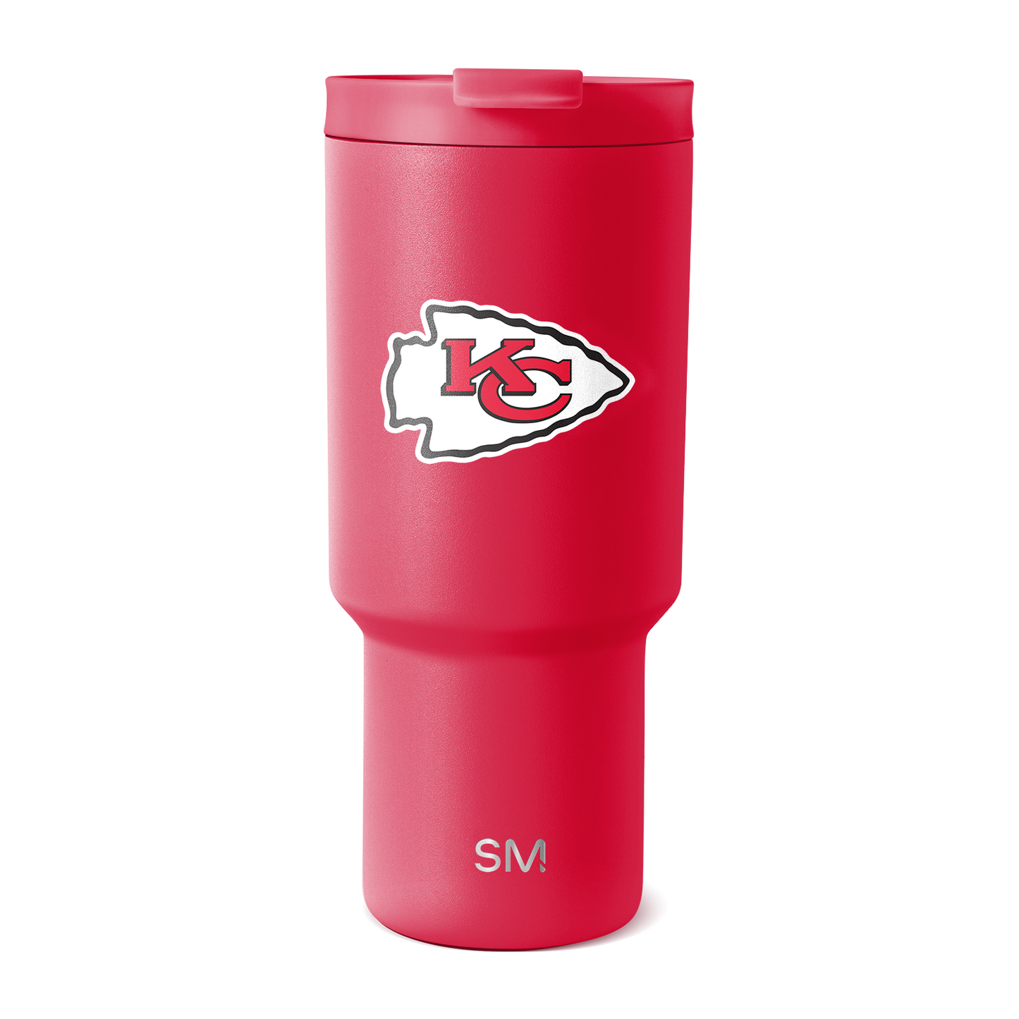 Hot pink matte tumbler with white Kansas City Chiefs logo and branding text