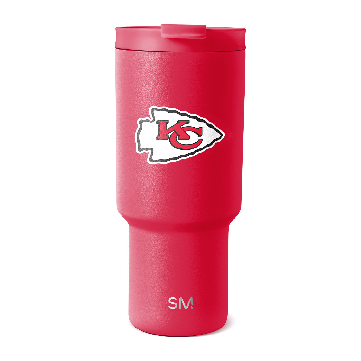 Hot pink matte tumbler with white Kansas City Chiefs logo and branding text