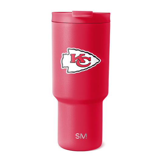 Hot pink matte tumbler with white Kansas City Chiefs logo and branding text