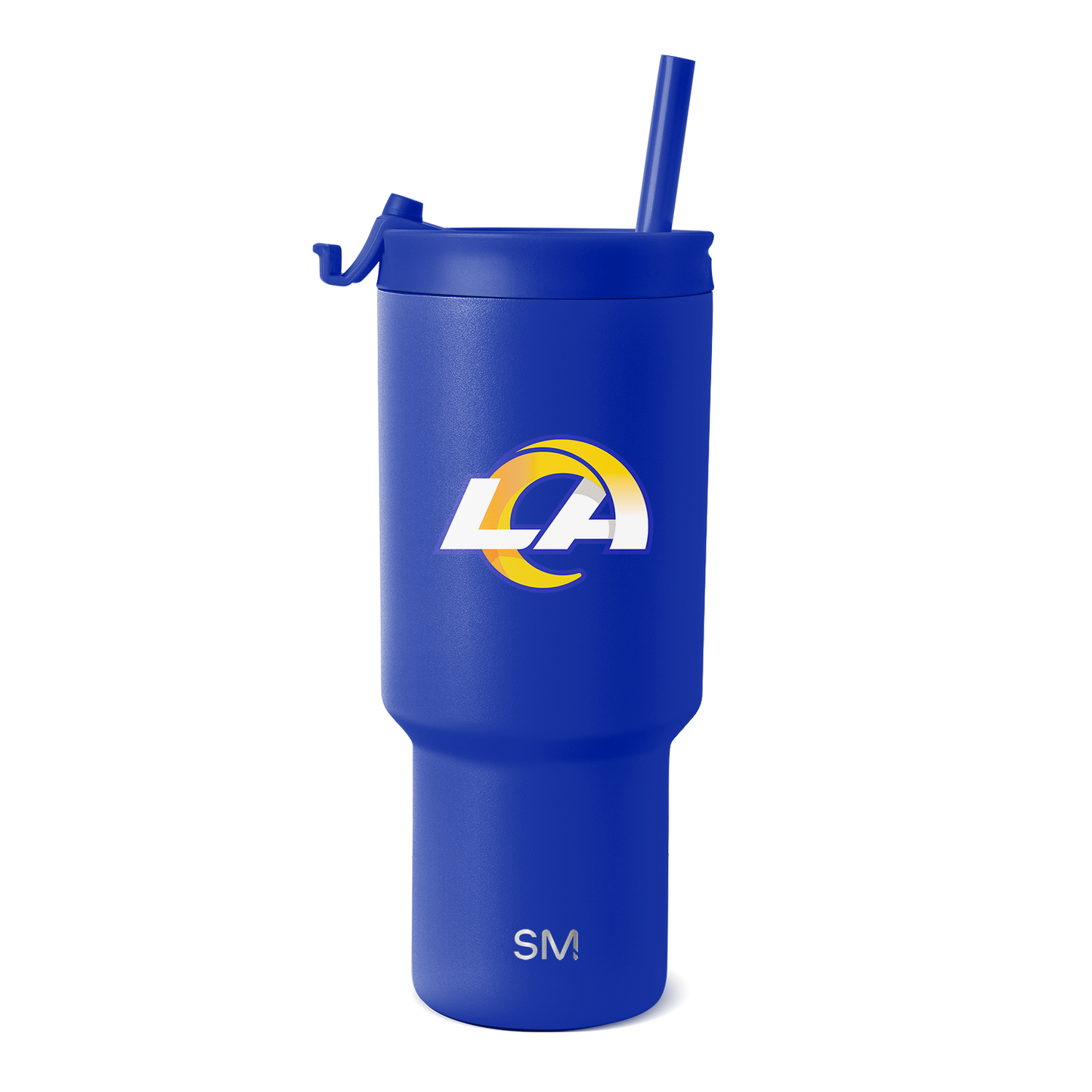 Royal blue tumbler with white and gold logo accents on clean white background