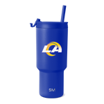 Royal blue tumbler with white and gold logo accents on clean white background