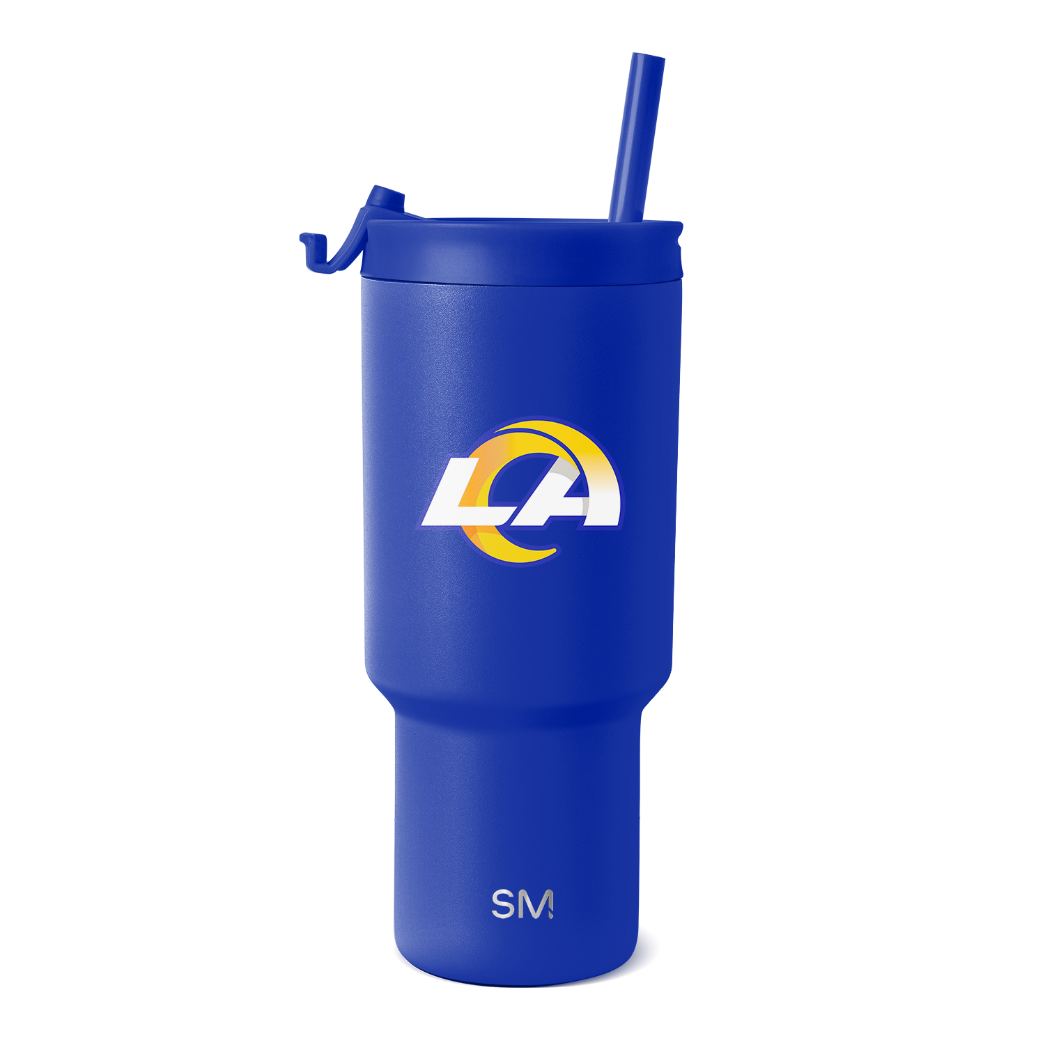Royal blue tumbler with white and gold logo accents on clean white background