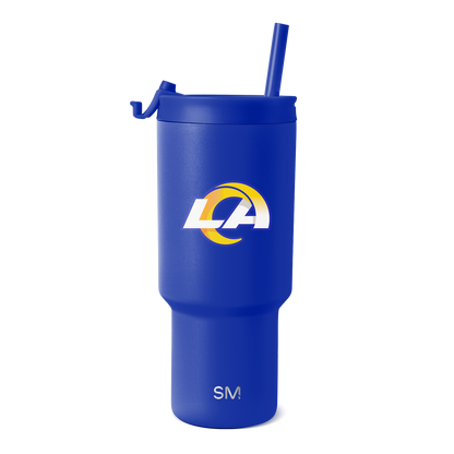 Royal blue tumbler with white and gold logo accents on clean white background