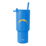 Bright blue tumbler with golden yellow accents