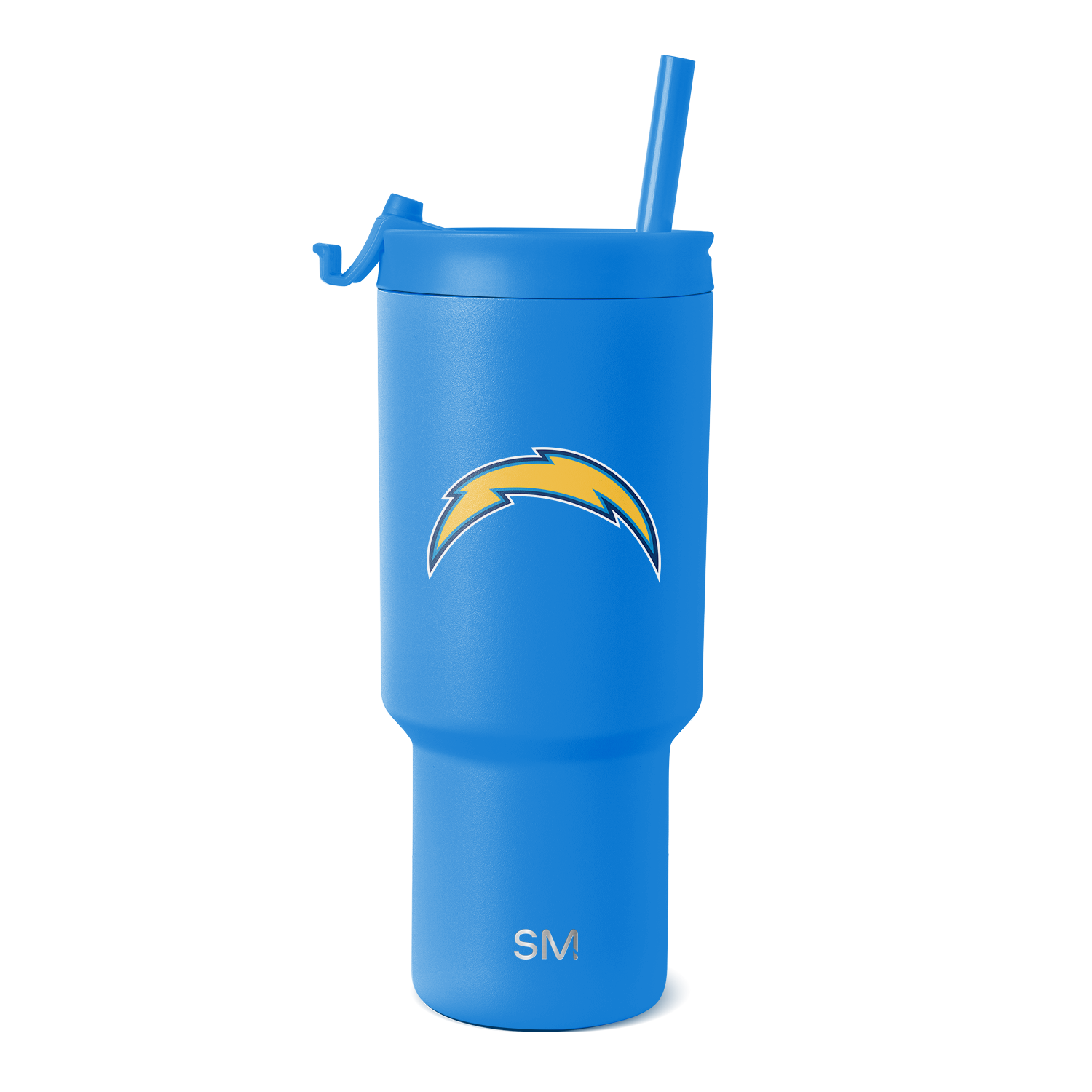 Bright blue tumbler with golden yellow accents