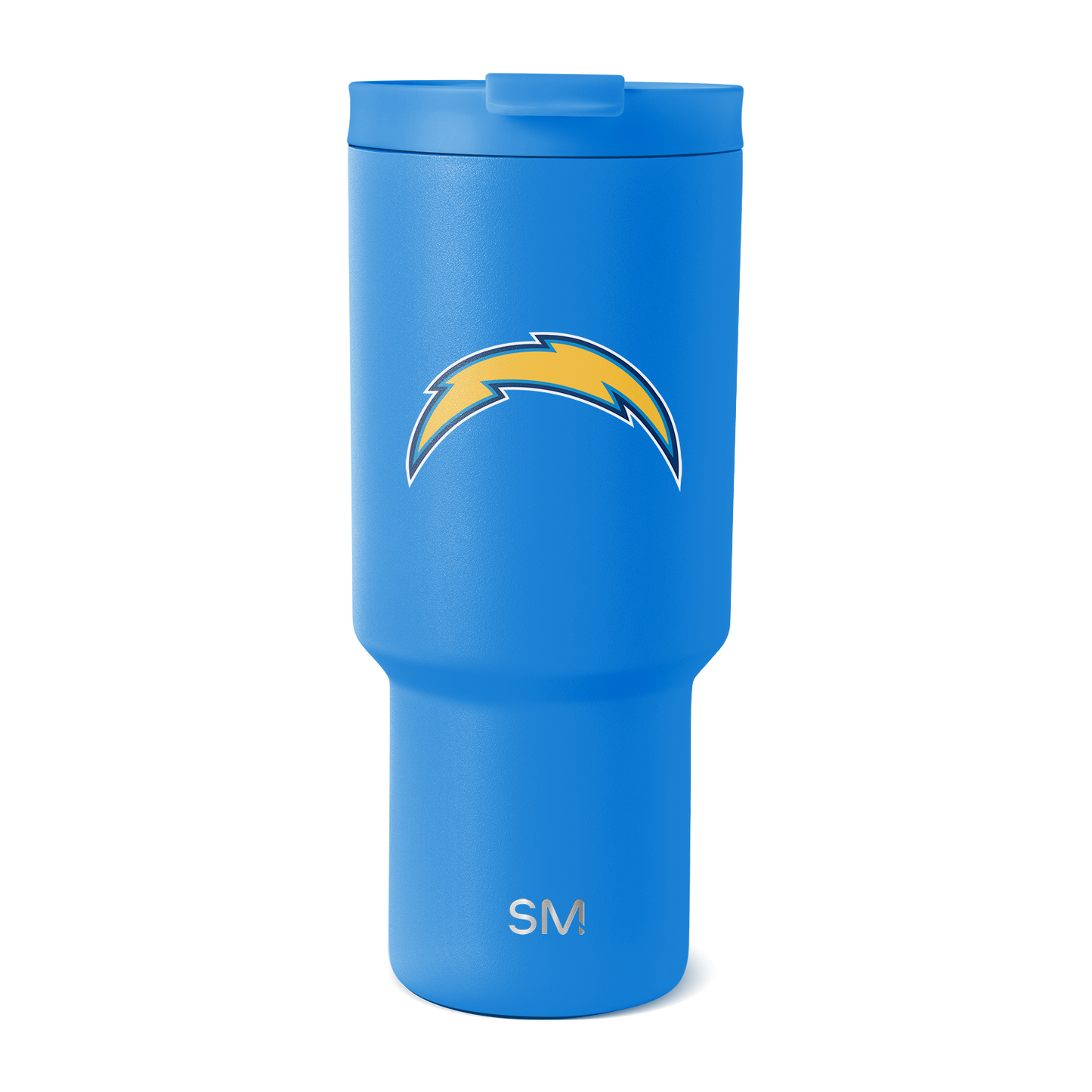Bright blue insulated tumbler with matte finish and matching blue lid on white background