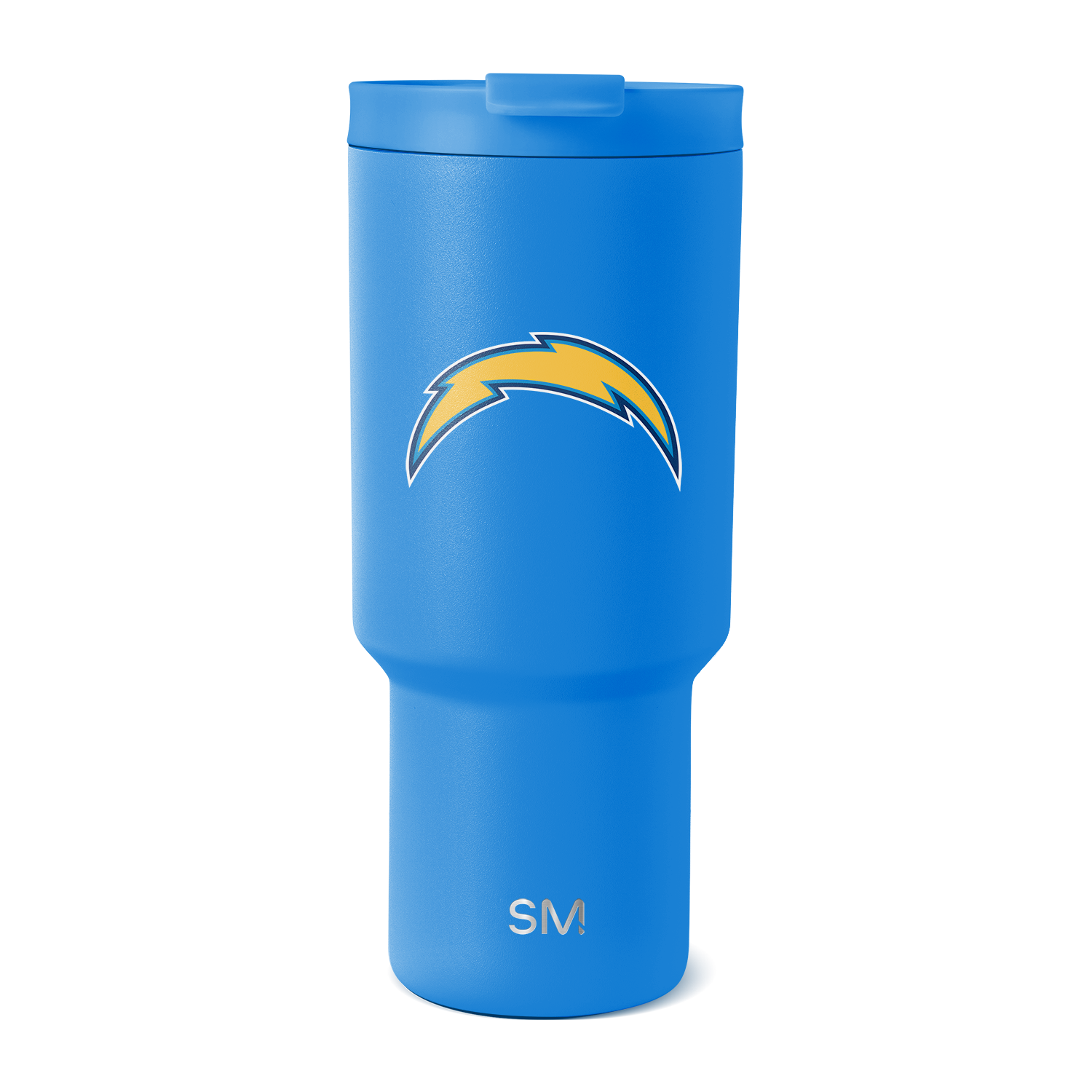 Bright blue insulated tumbler with matte finish and matching blue lid on white background