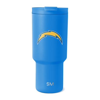 Bright blue insulated tumbler with matte finish and matching blue lid on white background