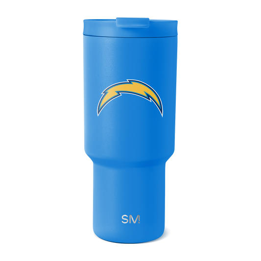 Bright blue insulated tumbler with matte finish and matching blue lid on white background