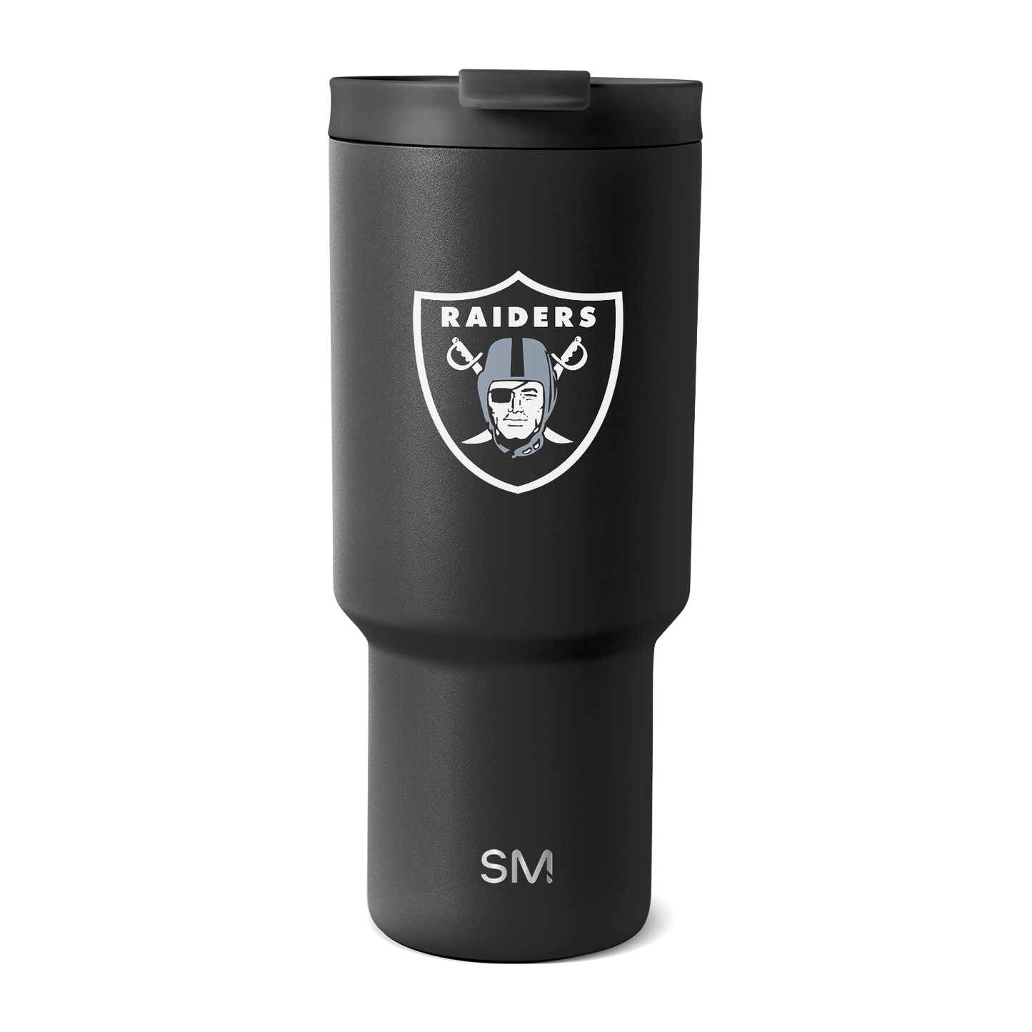 Matte black Raiders tumbler with white and silver logo design, featuring a sleek and sophisticated finish.