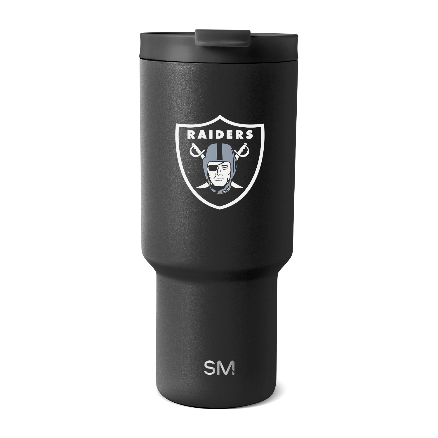 Matte black Raiders tumbler with white and silver logo design, featuring a sleek and sophisticated finish.